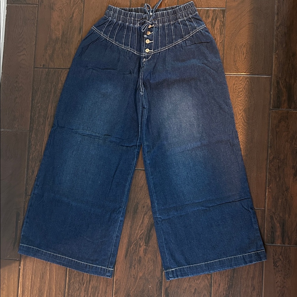 Wide-Leg Denim Pants with Button Detail
